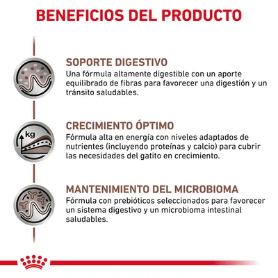Beneficios del producto: soporte digestivo, crecimiento óptimo y mantenimiento del microbioma. Fórmulas con fibras, proteínas, calcio y prebióticos para digestión y desarrollo saludable.