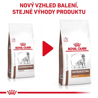 Porovnání starého a nového balení Royal Canin Gastrointestinal Low Fat s textem: Nový vzhled balení, stejné výhody produktu.