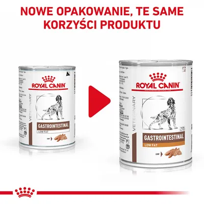 Nowe opakowanie, te same korzyści produktu. Dwie puszki Royal Canin Gastrointestinal Low Fat dla psów, widoczna zmiana wyglądu etykiety.