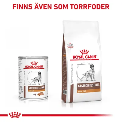 Royal Canin Gastrointestinal Low Fat våtfoderburk och torrfoderpåse för hund. Text: Finns även som torrfoder.