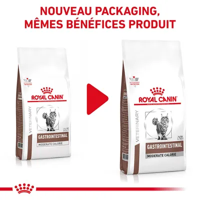 Nouveau packaging Royal Canin Gastrointestinal Moderate Calorie pour chat, mêmes bénéfices produit. Deux sacs montrés avec ancien et nouveau design d’emballage.