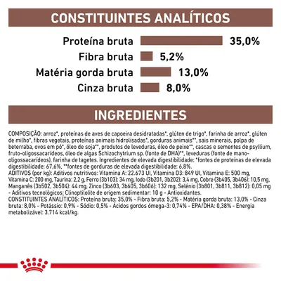 Constituintes analíticos: proteína bruta 35,0 %, fibra bruta 5,2 %, matéria gorda bruta 13,0 %, cinza bruta 8,0 %. Ingredientes e aditivos detalhados visíveis na imagem.