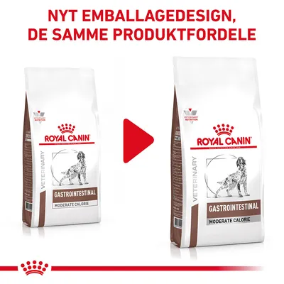 Nyt emballagedesign, de samme produktfordele. To poser Royal Canin Gastrointestinal Moderate Calorie hundefoder vises med forskelligt design.