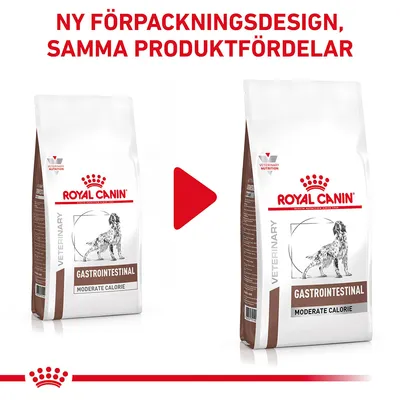 Ny förpackningsdesign, samma produktfördelar. Två påsar Royal Canin Veterinary Gastrointestinal Moderate Calorie hundfoder visas sida vid sida med pil mellan dem.