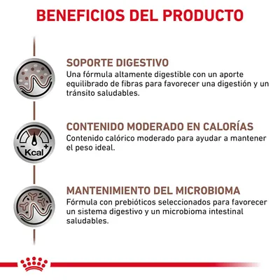 Beneficios del producto: soporte digestivo, contenido moderado en calorías y mantenimiento del microbioma. Descripciones sobre digestión, calorías y prebióticos visibles en la imagen.