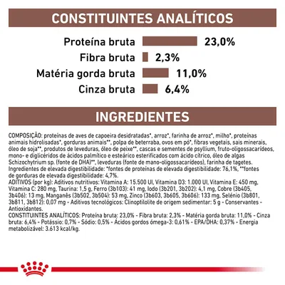 Constituintes analíticos: proteína bruta 23 %, fibra bruta 2,3 %, matéria gorda bruta 11 %, cinza bruta 6,4 %. Ingredientes e aditivos detalhados para ração animal visíveis na imagem.