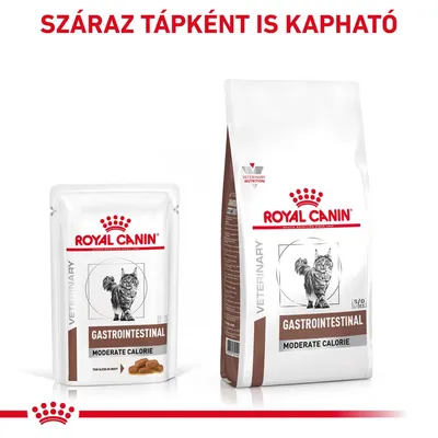 ROYAL CANIN Gastrointestinal Moderate Calorie macskaeledel, nedves és száraz változat csomagolása. Felirat: SZÁRAZ TÁPKÉNT IS KAPHATÓ.