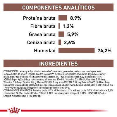 Componentes analíticos: proteína bruta 8,9 %, fibra bruta 1,2 %, grasa bruta 5,9 %, ceniza bruta 2,6 %, humedad 74,2 %. Ingredientes y aditivos detallados en la imagen.