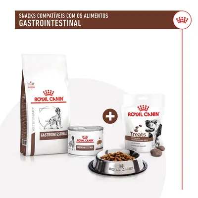 Royal Canin Gastrointestinal: saco de ração seca, lata de comida húmida, taça com ração e embalagem de snacks Treats. Texto: Snacks compatíveis com os alimentos gastrointestinal.