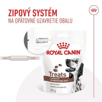 Text: ZIPOVÝ SYSTÉM NA OPÄTOVNÉ UZAVRETIE OBALU. Royal Canin Treats, 230 g, easyopen zipsystem, kompatibilné s gastrointestinal diets, low fat content, prebiotics and vitamin B12.