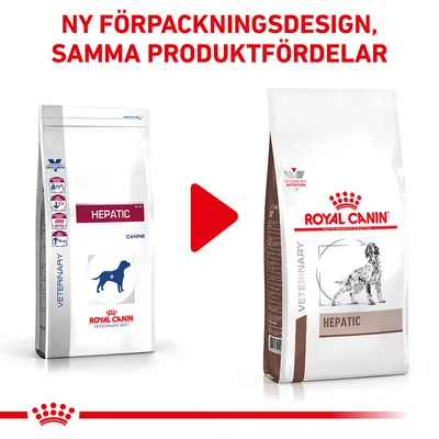 Ny förpackningsdesign för Royal Canin Hepatic hundfoder visas bredvid den gamla. Text: NY FÖRPACKNINGSDESIGN, SAMMA PRODUKTFÖRDELAR.
