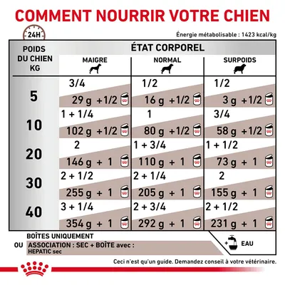 Tableau d’alimentation pour chien selon poids (5–40 kg) et état corporel (maigre, normal, surpoids), quantités en grammes et boîtes par jour. Mention de l’eau et conseils vétérinaires.