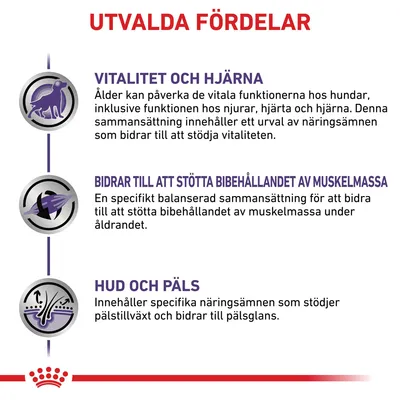 Utvalda fördelar: vitalitet och hjärna, bidrar till att stötta bibehållandet av muskelmassa, hud och päls. Beskrivningar om näringsämnenas stödjande effekter ingår.