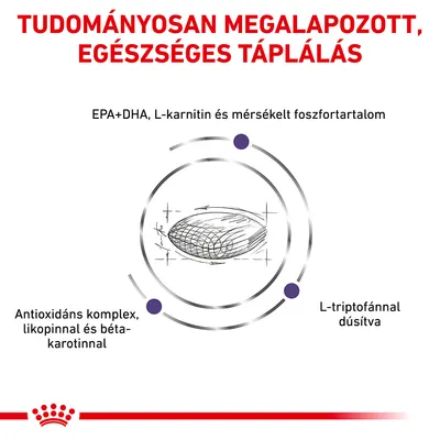 Tudományosan megalapozott, egészséges táplálás. EPA+DHA, L-karnitin, mérsékelt foszfortartalom, antioxidáns komplex likopinnal és béta-karotinnal, L-triptofánnal dúsítva.