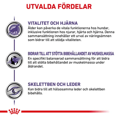 Utvalda fördelar: vitalitet och hjärna, bidrar till att stötta bibehållandet av muskelmassa, skelettben och leder. Beskrivningar om näringsämnen och stöd för äldre hundars hälsa.