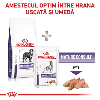 Royal Canin Expert Mature Consult pentru câini, pachet hrană uscată și umedă. Text vizibil: AMESTECUL OPTIM ÎNTRE HRANA USCATĂ ȘI UMEDĂ, MATURE CONSULT, PATE.
