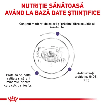 Nutriție sănătoasă având la bază date științifice. Conținut moderat de calorii și grăsimi, fibre solubile și insolubile, proteină de înaltă calitate, antioxidanți, prebiotice (MOS, FOS).
