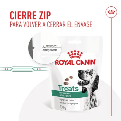 Cierre zip para volver a cerrar el envase. Royal Canin Treats, compatible with satiety diets, high protein content, less than 3 kcal per piece, 230 g. easyopen zipsystem.
