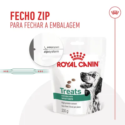 Fecho zip para fechar a embalagem. Royal Canin Treats, compatible with satiety diets, high protein content, less than 3 kcal per piece, 230 g. easyopen zipsystem visível.
