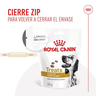 Cierre zip para volver a cerrar el envase. Royal Canin Treats, compatible with Urinary S/O Diets, optimised mineral content, 230 g. easyopen zipsystem visible en el envase. Cierre zip para volver a cerrar el envase. Royal Canin Treats, compatible with Urinary S/O Diets, optimised mineral content, 230 g. easyopen zipsystem visible en el envase.