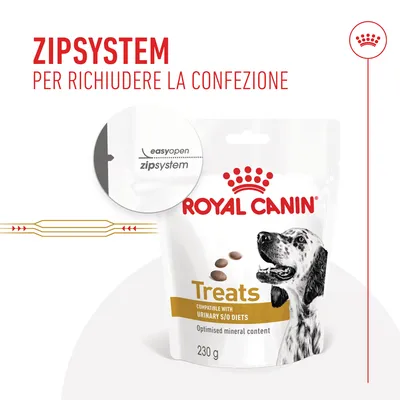 ROYAL CANIN Treats 230 g, compatibile con urinary S/O diets, sistema easyopen zipsystem per richiudere la confezione. Testo: ZIPSYSTEM PER RICHIUDERE LA CONFEZIONE.