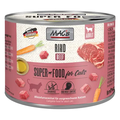 Conservă MAC's Rind Beef Super Food for Cats, hrană completă pentru pisici adulte, fără cereale, conținut ridicat de carne. Made in Germany. Text în engleză și germană pe ambalaj.