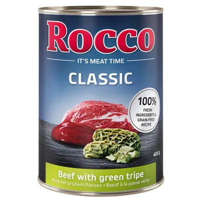 Rocco Classic burk, nötkött med grön vom, 400g. 100% färska ingredienser, spannmålsfritt recept. It's Meat Time.