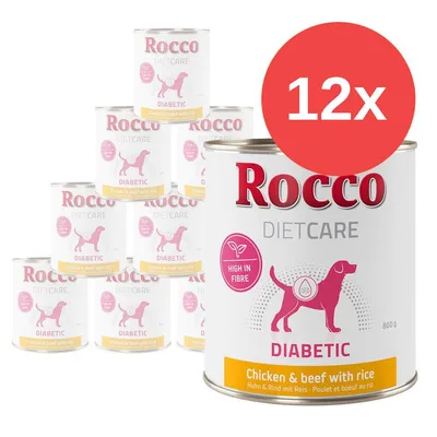 12 lattine Rocco Diet Care Diabetic, pollo e manzo con riso, 800 g, scritta 'High in fibre' visibile sull'etichetta.