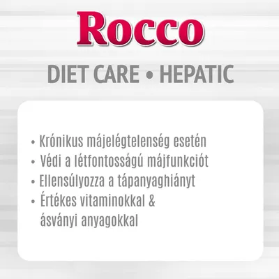 Rocco DIET CARE HEPATIC. Krónikus májelégtelenség esetén, védi a létfontosságú májfunkciót, ellensúlyozza a tápanyaghiányt, értékes vitaminokkal és ásványi anyagokkal.