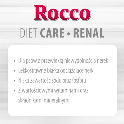 Rocco DIET CARE RENAL. Dla psów z przewlekłą niewydolnością nerek, lekkostrawne białka, niska zawartość sodu i fosforu, wartościowe witaminy i składniki mineralne.