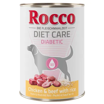Κονσέρβα Rocco Diet Care Diabetic για σκύλους, Chicken & beef with rice. Εμφανίζονται κομμάτια κρέατος, ρύζι και το κείμενο DIET CARE DIABETIC στη συσκευασία.