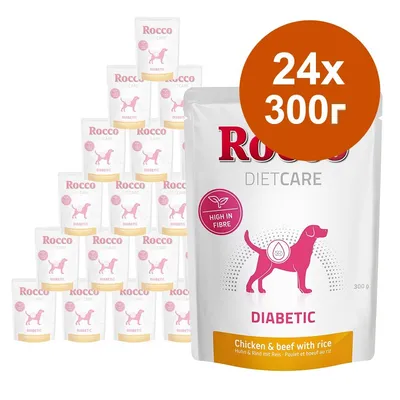 Rocco DIET CARE DIABETIC, 24x300 г паучове. High in fibre. Chicken & beef with rice. Опаковки с розов силует на куче и надписи на английски.