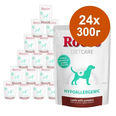 Rocco DIET CARE HYPOALLERGENIC, 24×300 г. Видими надписи: SINGLE SOURCE OF ANIMAL PROTEIN, Lamb with pumpkin. Опаковки с изображение на куче.