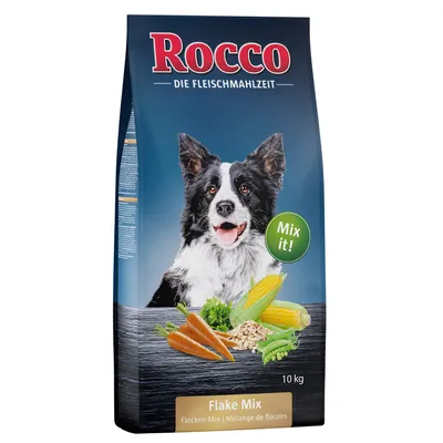 Rocco Flake Mix, mieszanka płatków dla psów, 10 kg. Widoczne składniki: marchew, kukurydza, groszek i płatki zbożowe. Napis: „Mix it!” na zielonym okręgu.