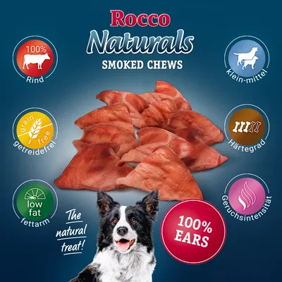 Rocco Naturals Smoked Chews, 100% Rind, getreidefrei, fettarm. Härtegrad: IIII Knochen, Geruchsintensität hoch. Geeignet für kleine bis mittelgrosse Hunde. 100% Ears.