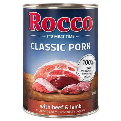 Rocco Classic Pork mit Rind & Lamm, 400g Dose. 100% frische Zutaten, getreidefreie Rezeptur.