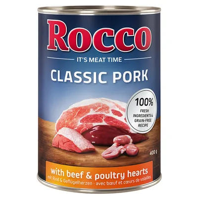Rocco Classic Pork, 400g dåse. Med oksekød og fjerkræhjerter. 100% friske ingredienser, kornfri opskrift.