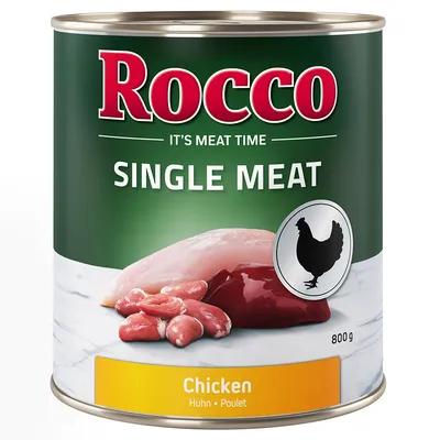 Rocco Single Meat Chicken, 800g can. Visible ingredients: chicken meat and offal. Text: It's Meat Time, Chicken - Huhn - Poulet.