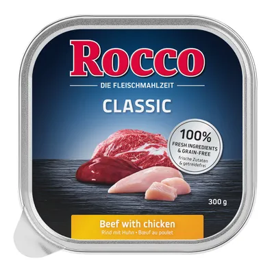 Rocco Classic, 300 g. Texto visível: 100% fresh ingredients & grain-free. Beef with chicken. Imagem de carne de vaca e frango na embalagem.