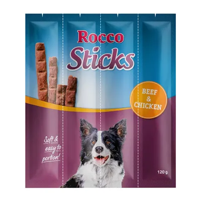 Rocco Sticks, mekani i lako porcionirani, govedina i piletina, 120 g. Pakiranje s prikazom psa i snack štapića.