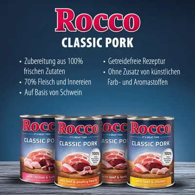 Rocco Classic Pork. Zubereitung aus 100% frischen Zutaten, 70% Fleisch und Innereien, auf Basis von Schwein. Getreidefreie Rezeptur, ohne Zusatz von künstlichen Farb- und Aromastoffen.
