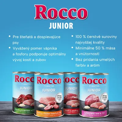 Rocco JUNIOR: pre šteňatá a dospievajúce psy, vyvážený pomer vápnika a fosforu, 100 % čerstvé suroviny, min. 50 % mäsa a vnútorností, bez umelých farbív a aróm. Štyri konzervy rôznych príchutí.