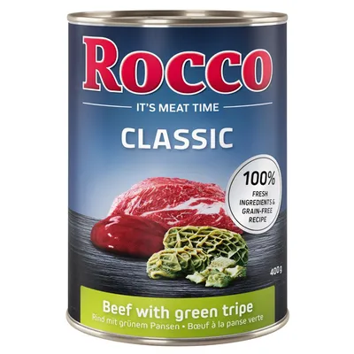 Rocco Classic, 400 g, Beef with green tripe. Na etykiecie: 100% fresh ingredients & grain-free recipe. Widoczne kawałki mięsa i zielonego żwacza.
