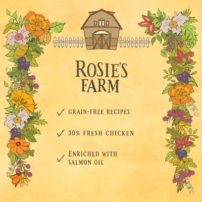 ROSIE'S FARM. GRAIN-FREE RECIPES, 30% FRESH CHICKEN, ENRICHED WITH SALMON OIL. Tekst på engelsk.