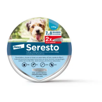 Elanco Seresto 2x 70 cm halsband voor honden tot 8 kg, bescherming tegen teken, vlooien en luizen, werkt 7 tot 8 maanden. Tekst: grijs, geurloos halsband. Verpakking toont productnaam.