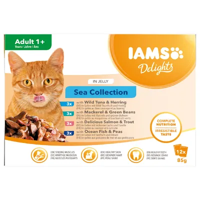 IAMS Delights Sea Collection kattemad i gelé, Adult 1+, 12x85g. Indeholder: Wild Tuna & Herring, Mackerel & Green Beans, Salmon & Trout, Ocean Fish & Peas. Complete nutrition, irresistible taste.