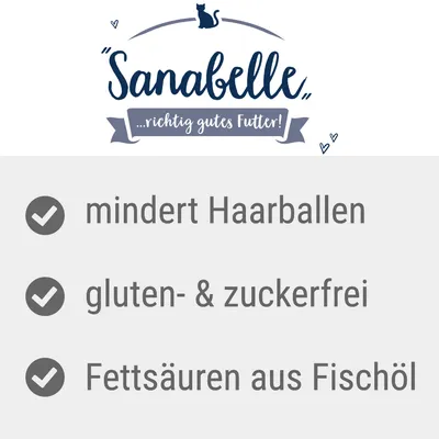 Sanabelle. Richtig gutes Futter! Mindert Haarballen, gluten- & zuckerfrei, Fettsäuren aus Fischöl.