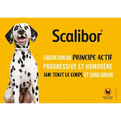 Scalibor. Libération du principe actif progressive et homogène sur tout le corps, et sans odeur. Ne pas utiliser chez le chat.