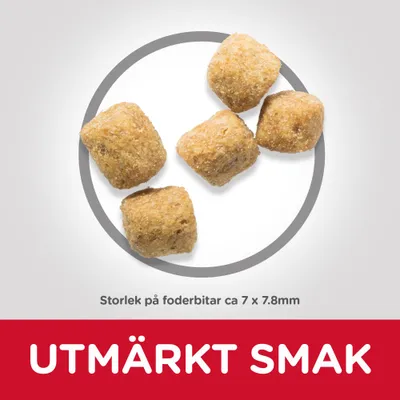 Storlek på foderbitar ca 7 × 7,8 mm. UTOMRÄKT SMAK.