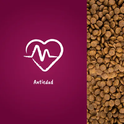 Pienso marrón en gránulos junto a icono de corazón con línea de pulso y texto 'Antiedad' en fondo burdeos.